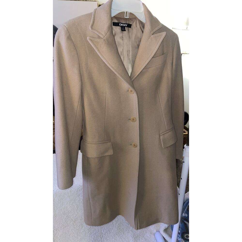DKNY Wool Camel Walking Coat Single Breasted 3 Button